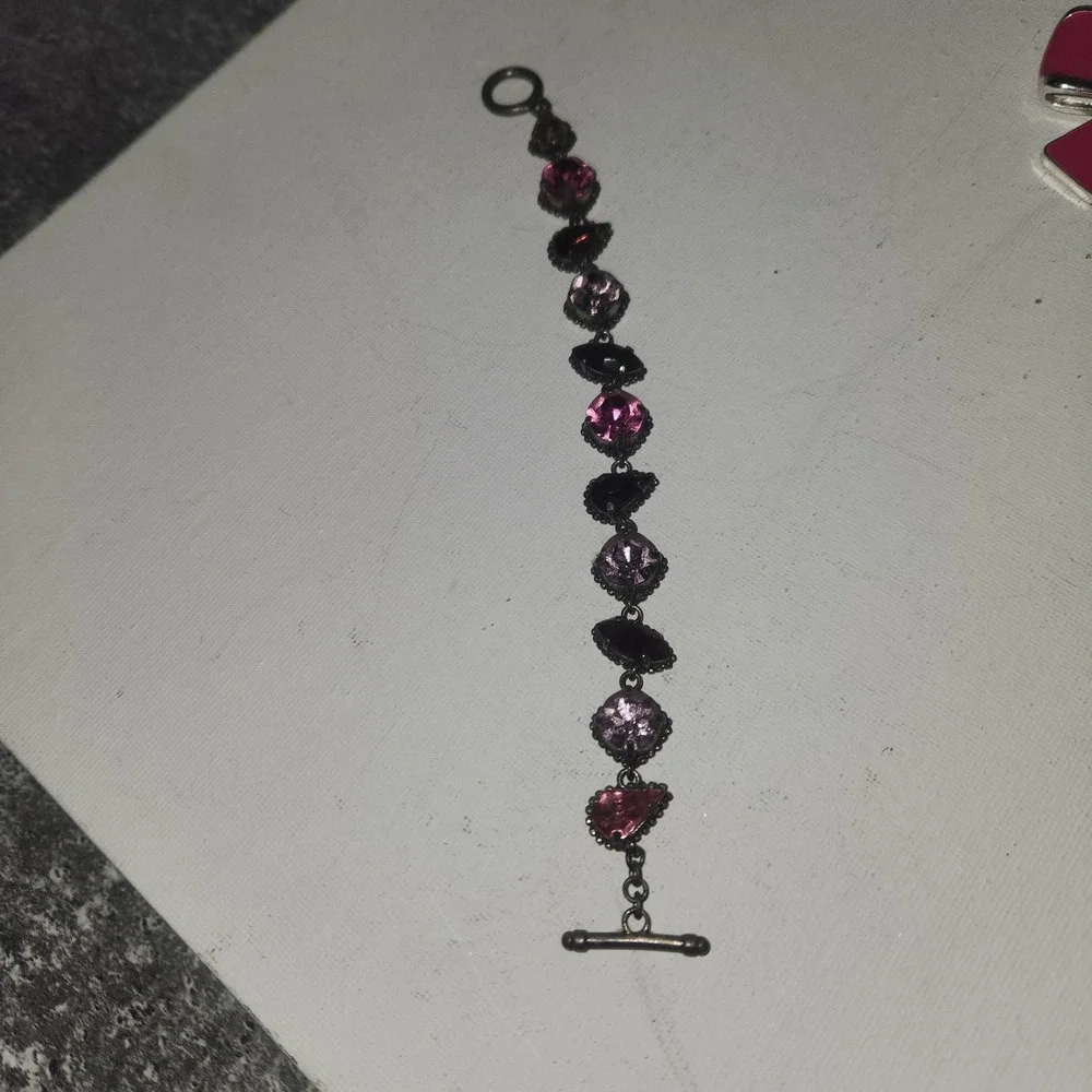 Vintage Style Pink purple Rhinestone Toggle Link Bracelet‎ Antiqued Silver Tone